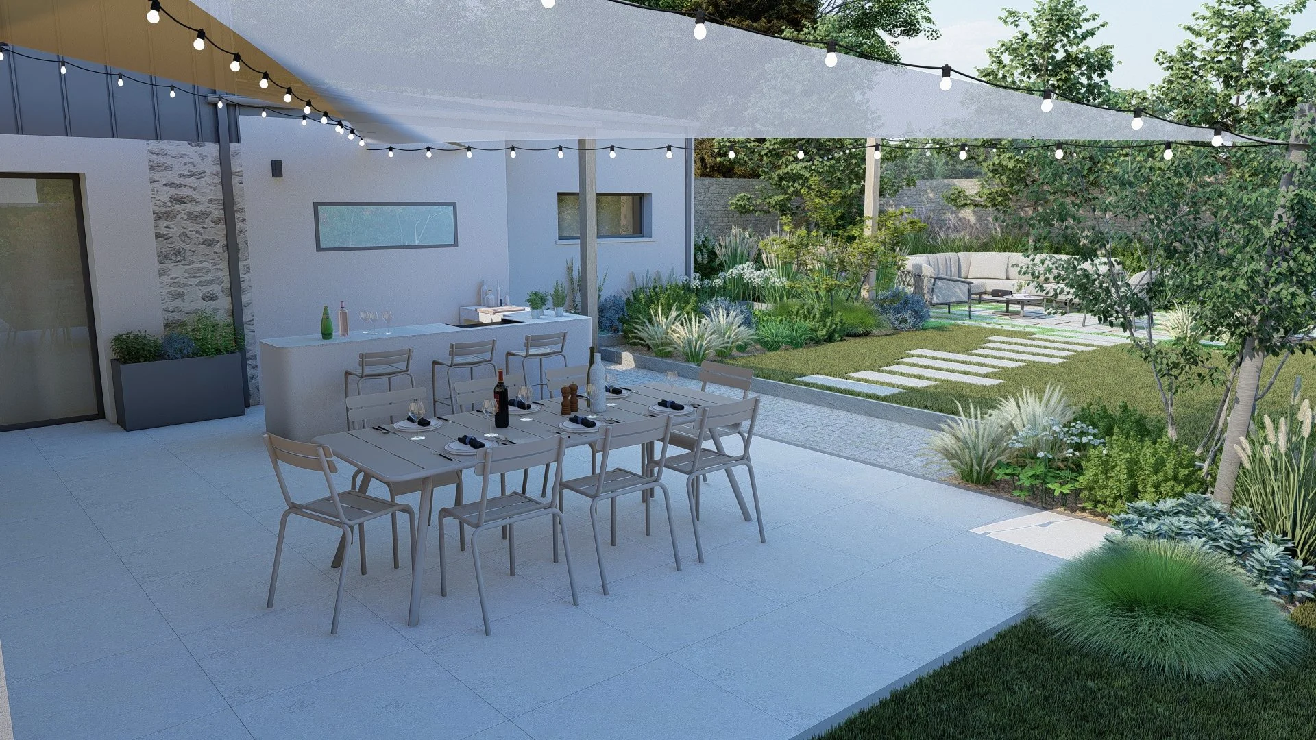 Voile ombrage, Cuisine d'été, dallage grès cérame sur plots, pas japonais, végétaux