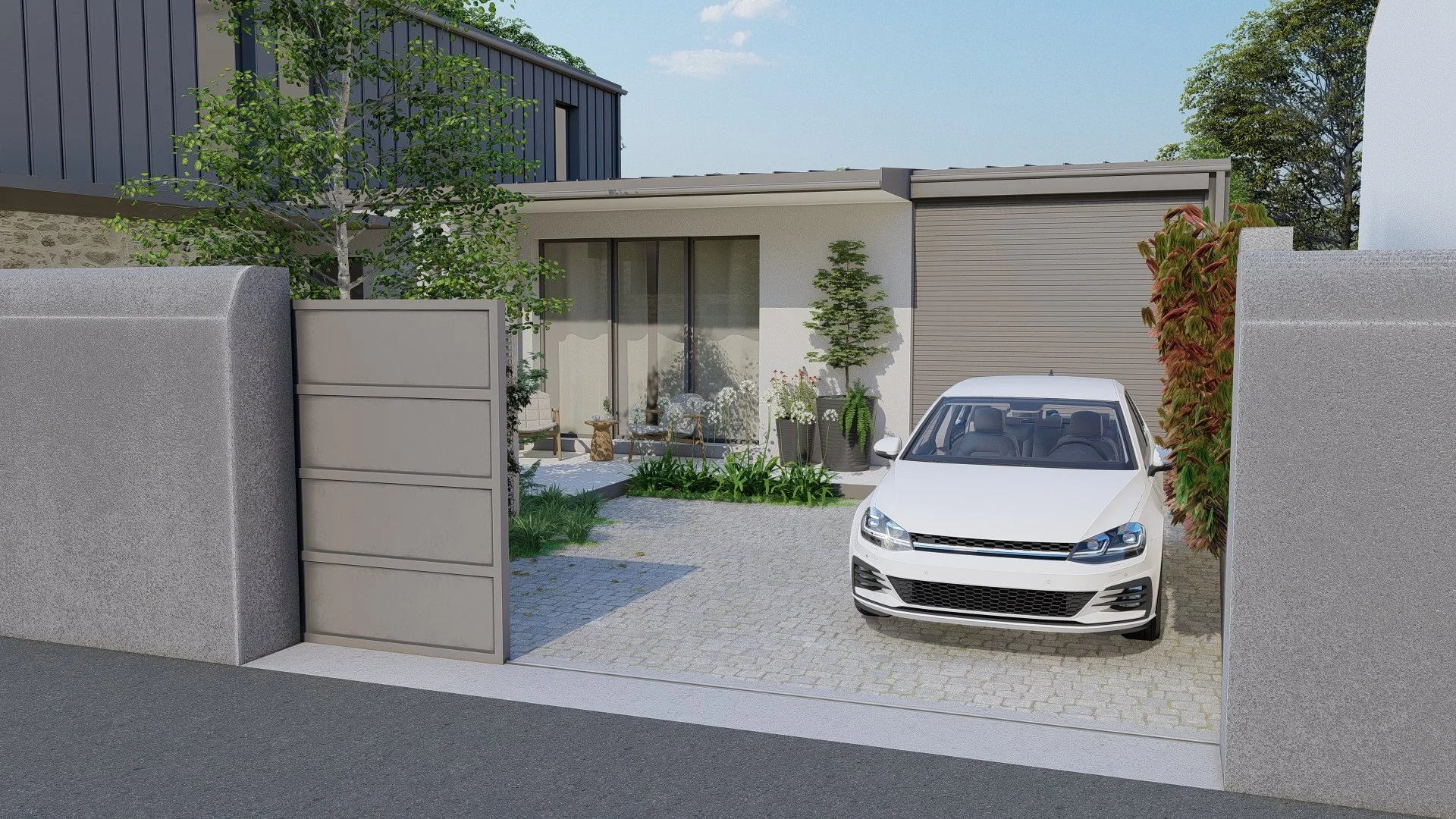 Portail coulissant et pavage en granit