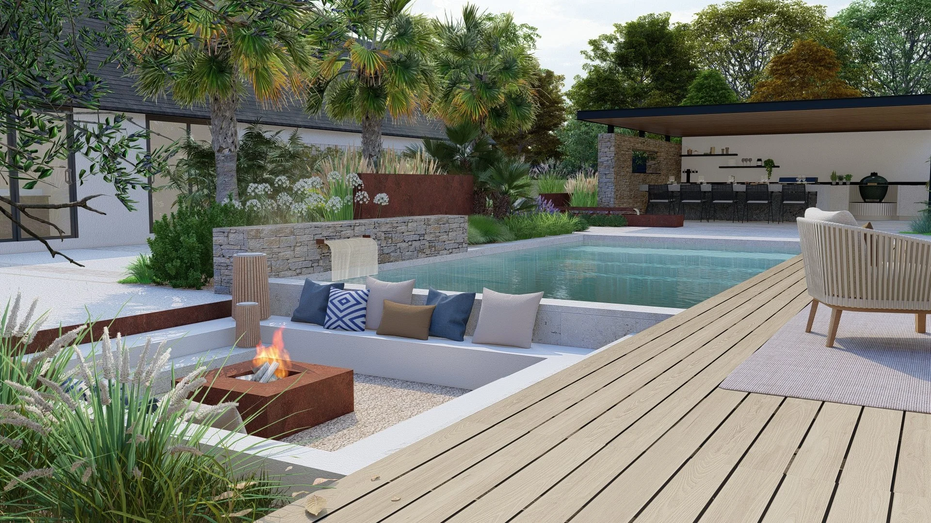 Piscine lame d'eau brasero