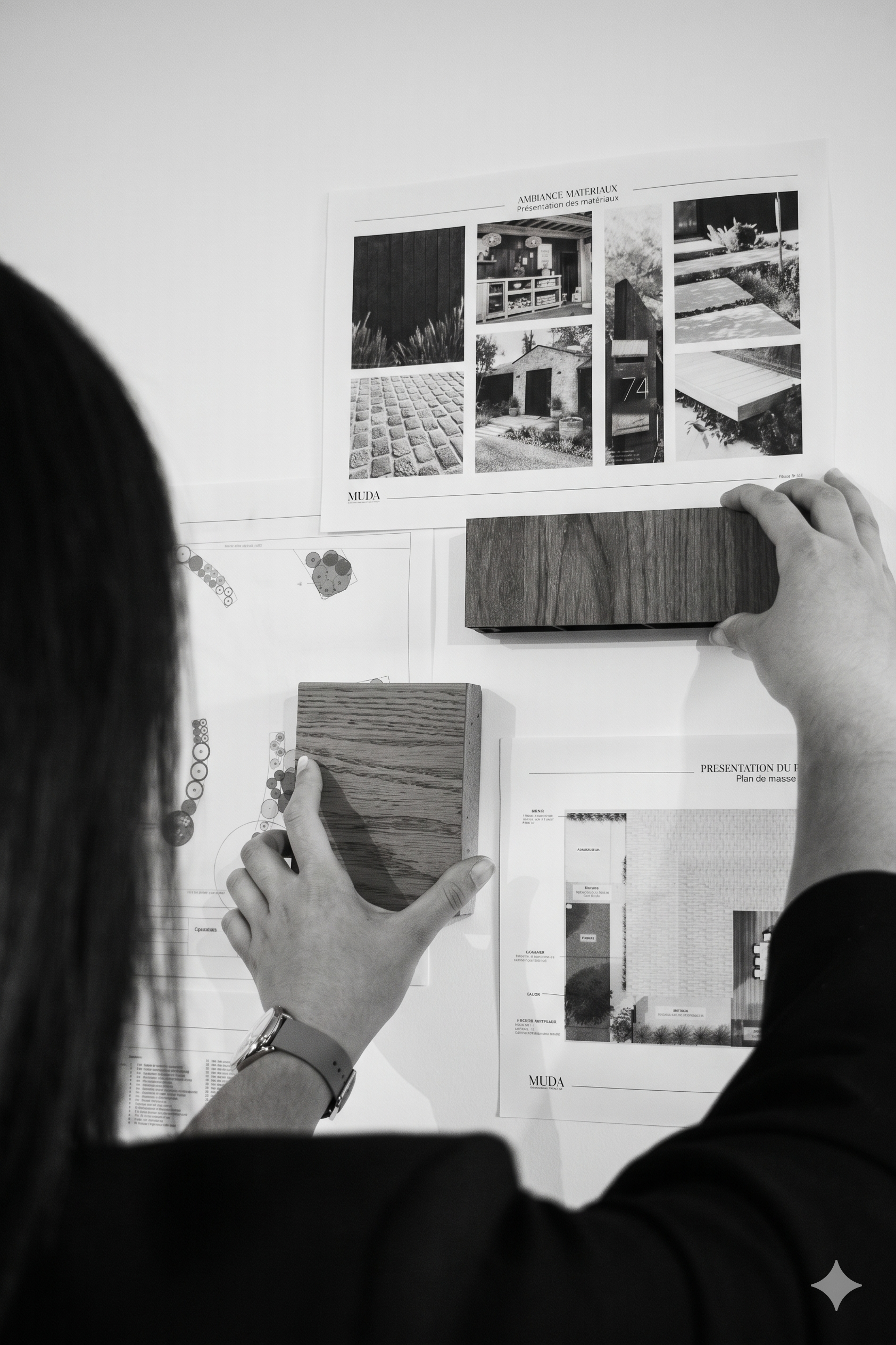 La fondatrice de Muda de dos manipulant des échantillons de matériaux et des plans d'architecture sur un mur, lors d'une réunion ou d'une présentation.