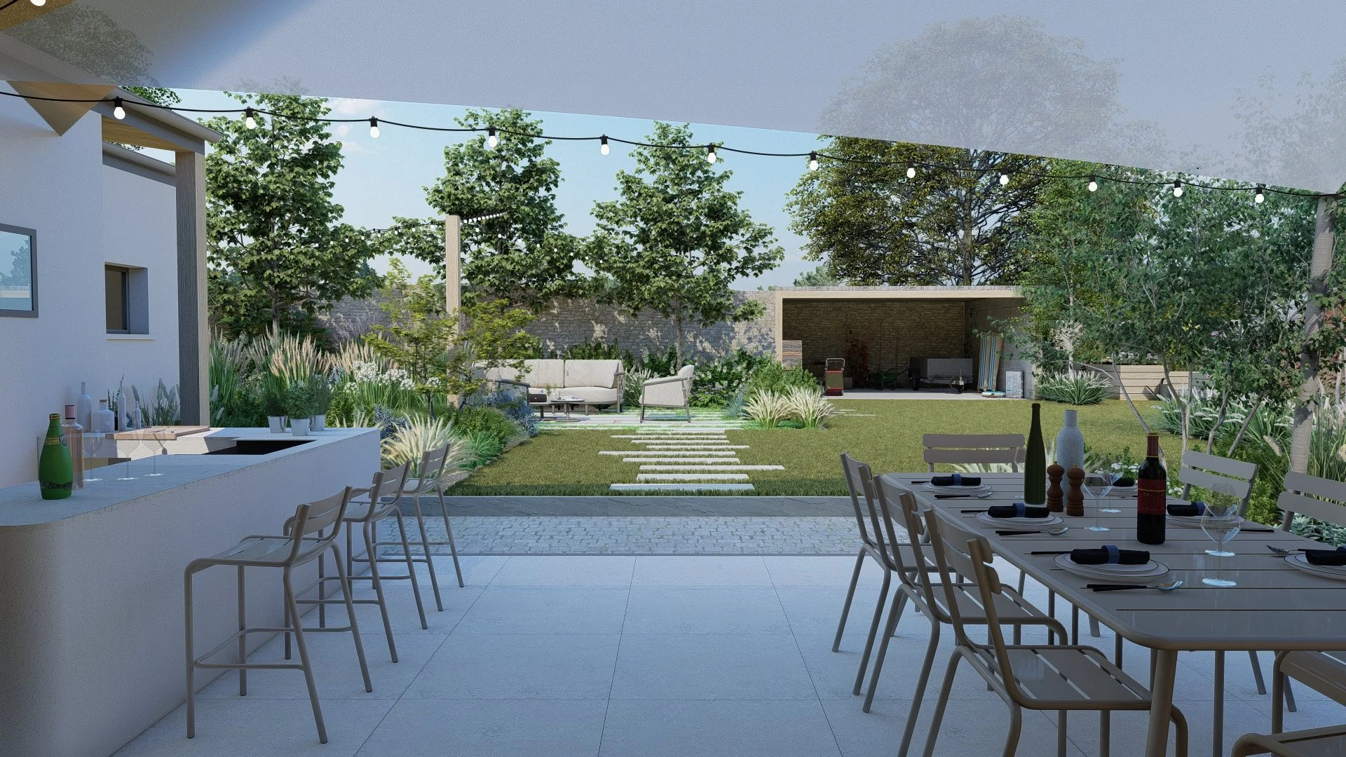 Voile ombrage, Cuisine d'été, dallage grès cérame sur plots, pas japonais, végétaux