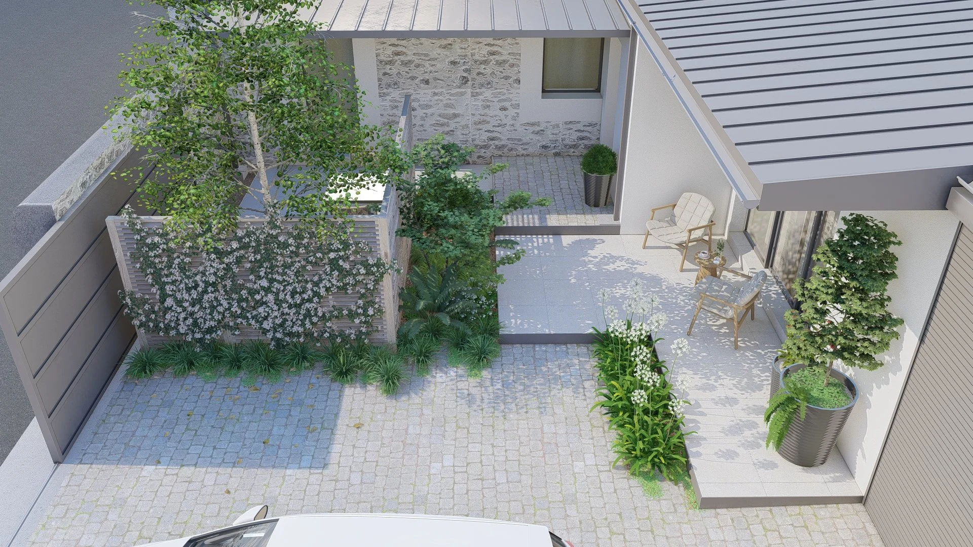 Brise vue en panneau bois, dallage grès cérame sur plots, pavage en granit