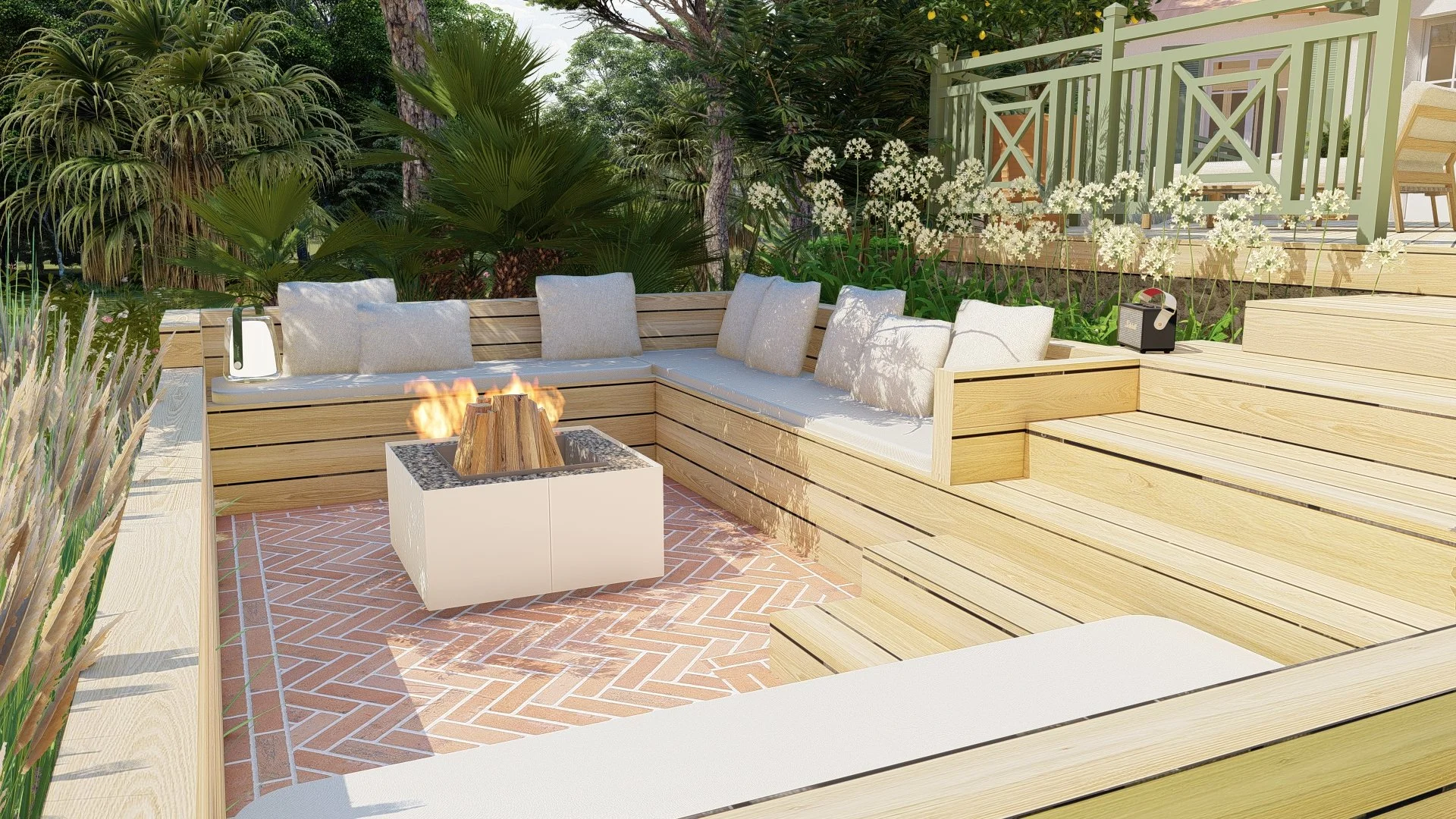 Espace brasero, briques, banquettes bois