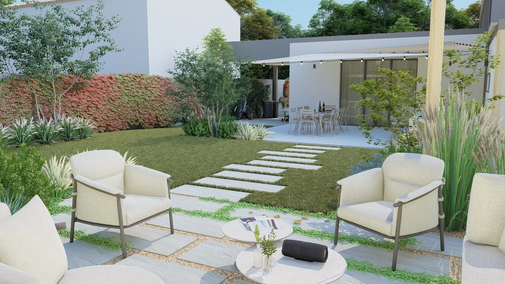 Voile ombrage, Cuisine d'été, dallage grès cérame sur plots, pas japonais, végétaux