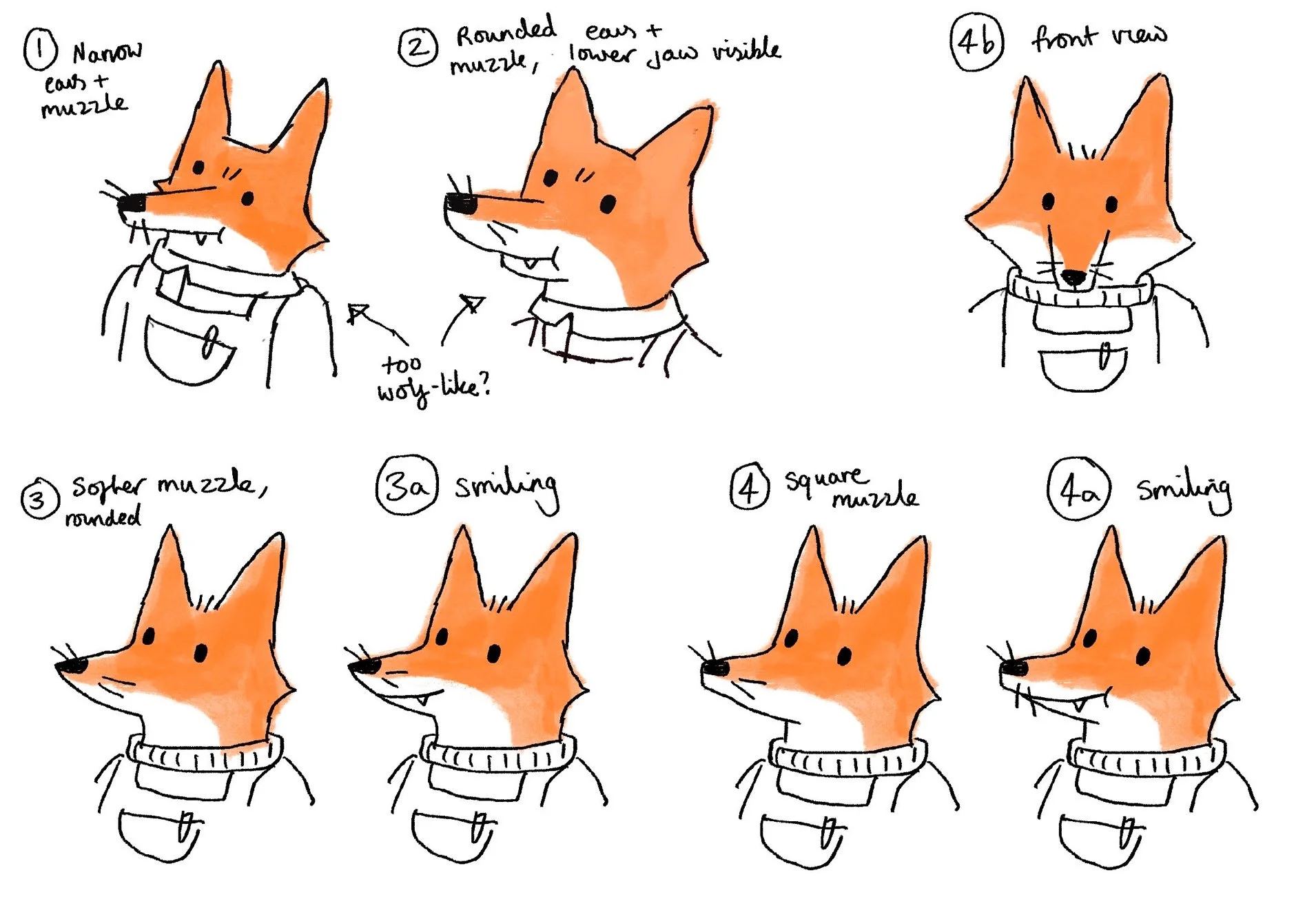STAGE 1 - Face testing. We moved forward with style 4, the mouthless design and agreed that the character's emotions would be instead shown through their eyes, eyebrows, whiskers and emanata.