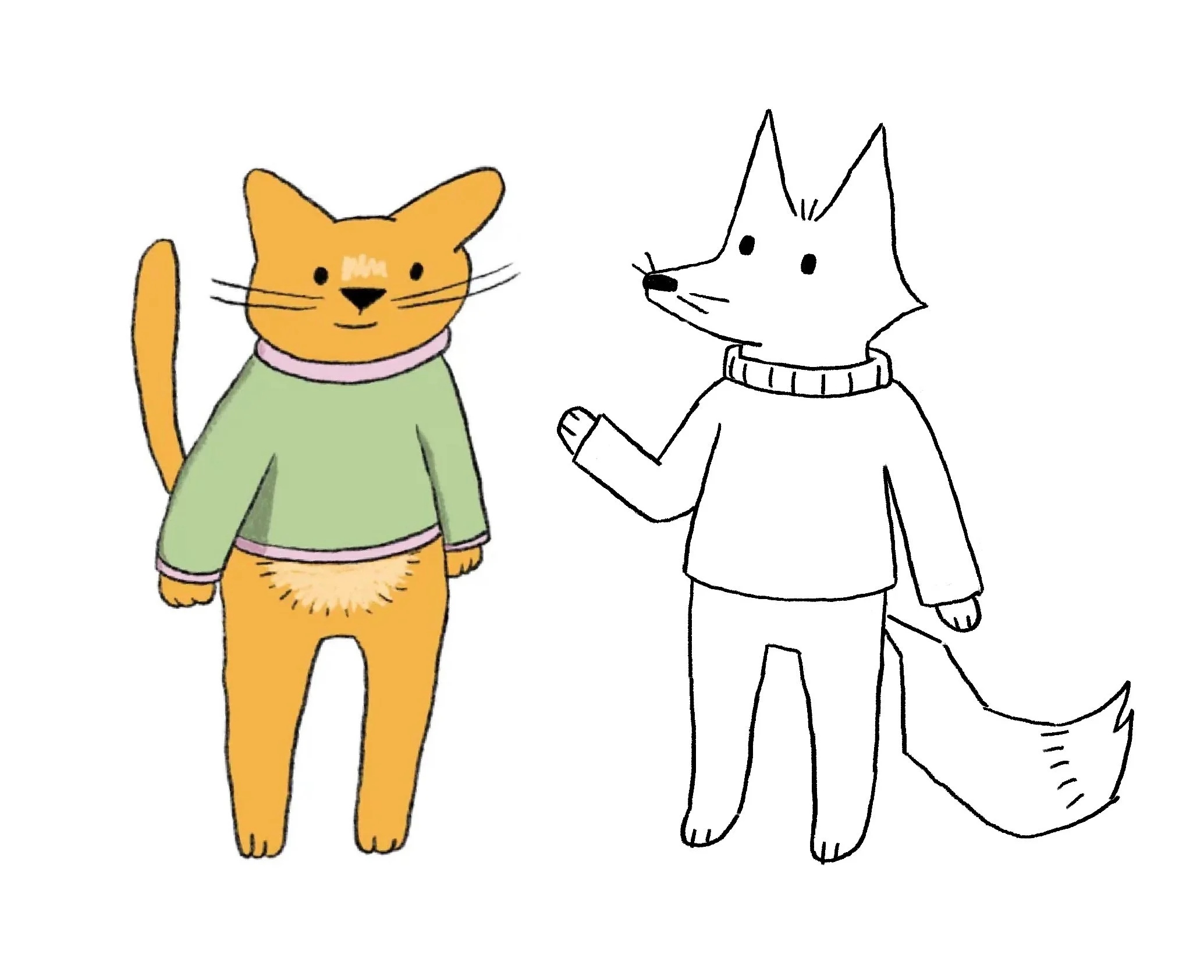 STAGE 3 - Body finalisation. The client provided an example from my previous work (the cat on the left) to show what they had in mind for their mascot, now named Oskar. On the right is my sketch showing Oskar's revised body design, which was approved
