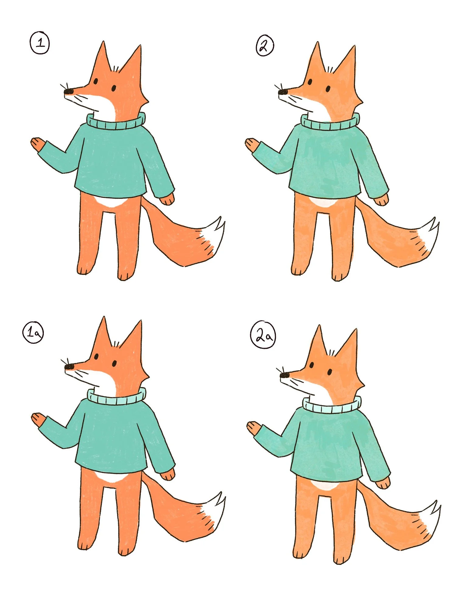 STAGE 4 - colour testing. Here are the four options I sent the client in regards to Oskar's colour palette and colour rendering. Those on the left are coloured with a flat colour, pencil style brush and those on the left with a gouache style brush fo