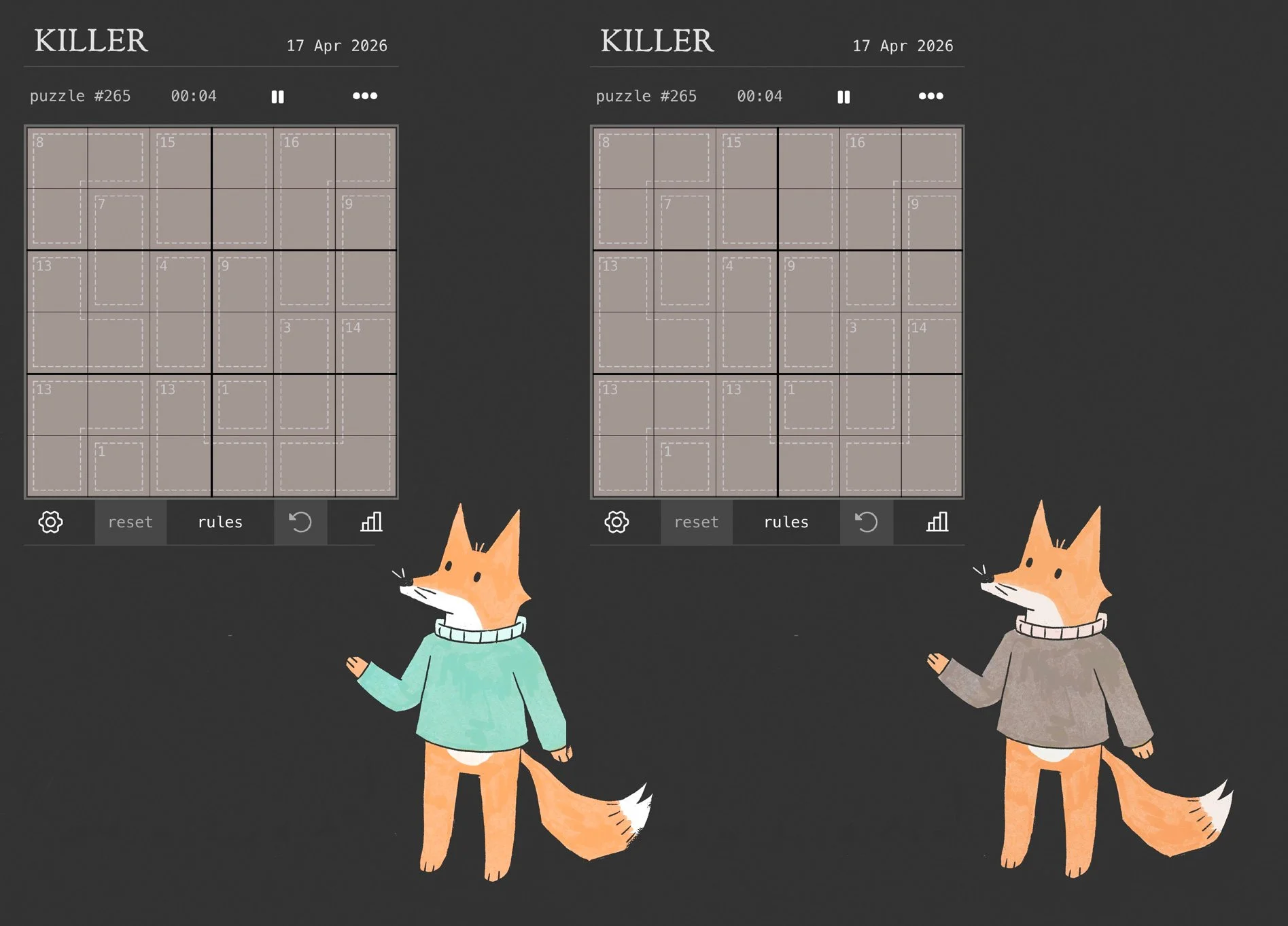 STAGE 5 - Dark mode testing. One of the mascot's requirements is that it works across  Puzzle-Break's light and dark mode formats. In this mock-up (for colour testing only) I found that Oskar's design would be too bright and distracting, and so propo