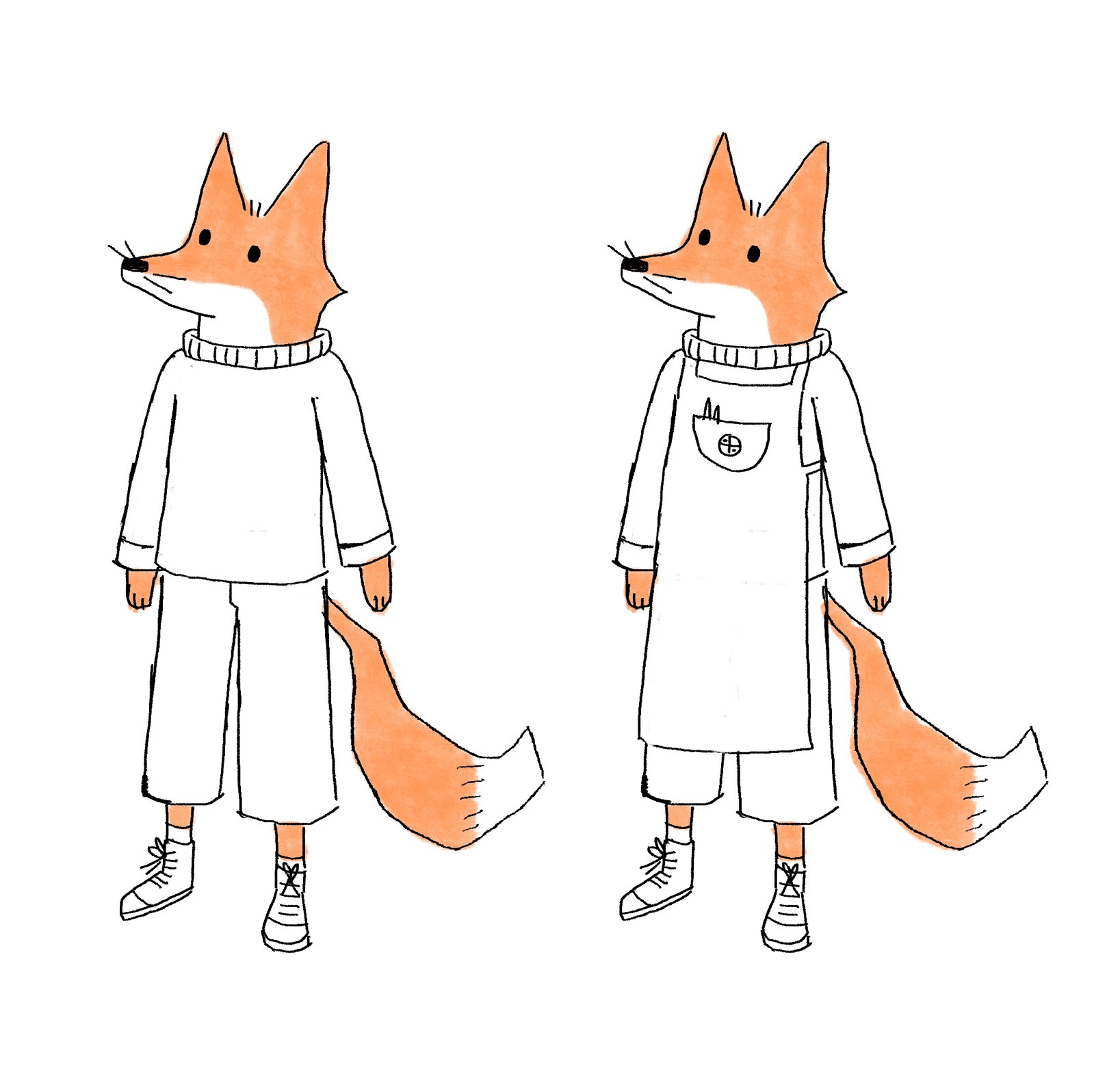 STAGE 2 - Body testing. My first draft shown above tested out a more human-like body with full clothing and shoes. The apron looks at the idea of the character being a Kissaten employee (vs a customer without). Feedback asked for the body to be simpl