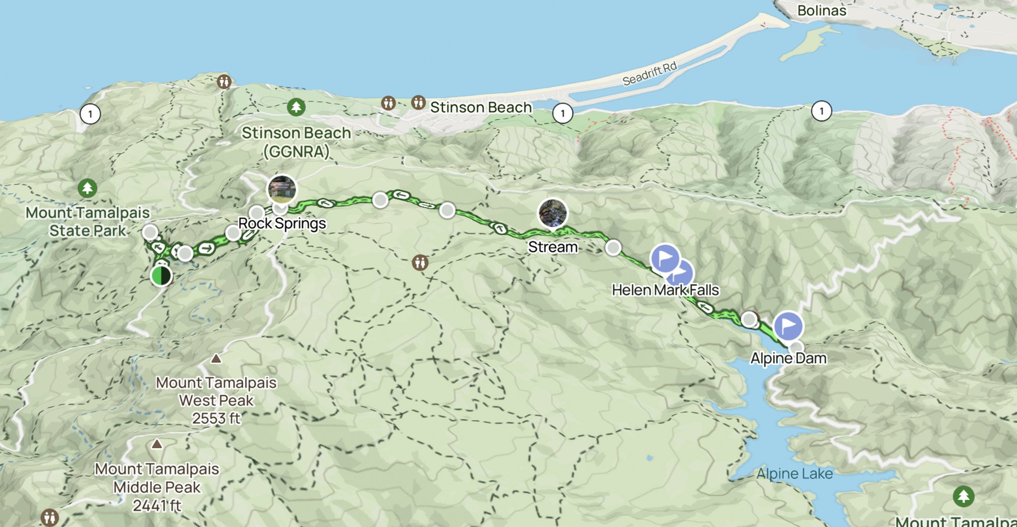 Trail map of a 10-mile hike to Cataract Falls