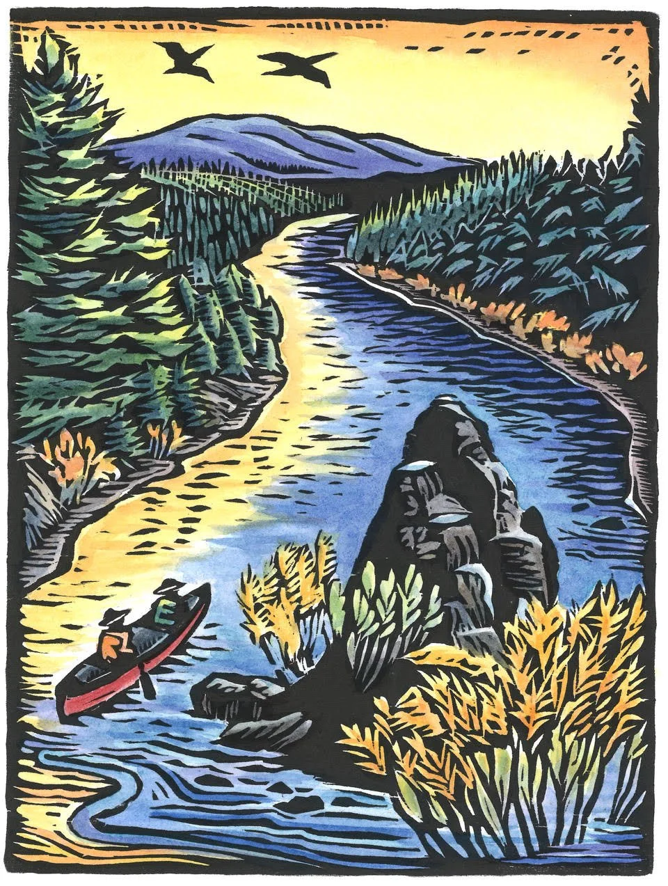 woodcut of two people in canoe, on river