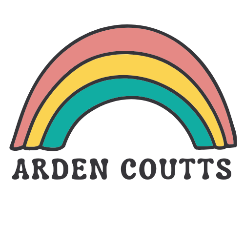 A colorful rainbow with four stripes in pastel colors: pink, yellow, teal, and dark teal. Below the rainbow, the name 'Arden Coutts' is written in bold black letters.