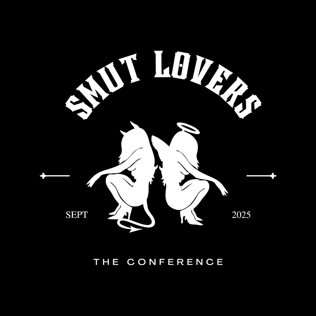 Black conference badge with white text and graphic. The text reads "Smoke Lovers" at the top, "Sept 2025" on the left and right sides, and "The Conference" at the bottom. The graphic in the center features two mirrored anthropomorphic figures with cat-like tails, wings, and horns, with halos above their heads, kneeling with their backs to each other.