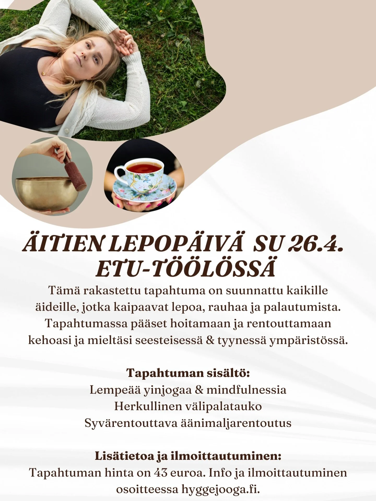 Syd&auml;mellisesti tervetuloa rakastettuun &rdquo;&Auml;itien lepop&auml;iv&auml;&rdquo; -tapahtumaan Etu-T&ouml;&ouml;l&ouml;&ouml;n ❣️P&auml;iv&auml; on suunnattu arjen supersankareille eli &auml;ideille, jotka ansaitsevat hetken omaa aikaa rauhal