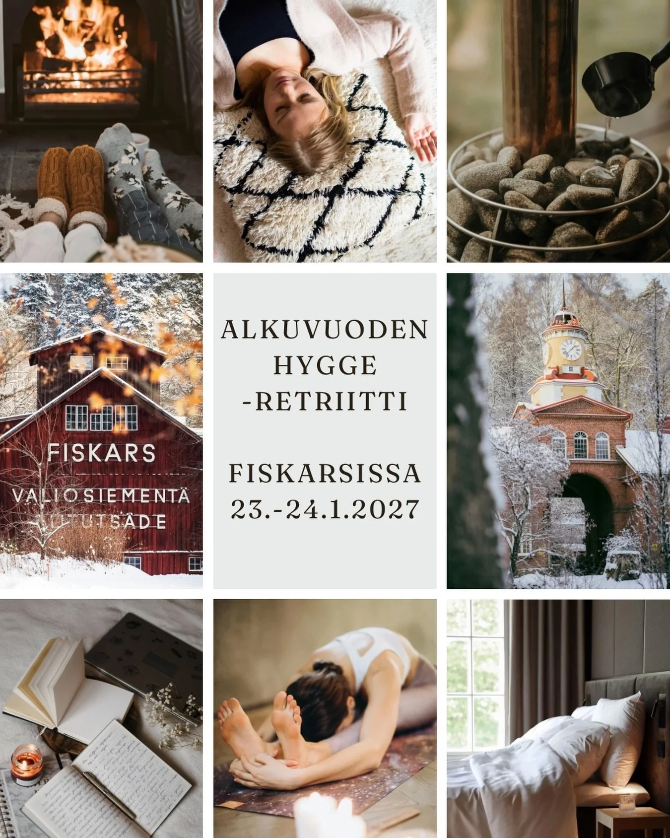 Syd&auml;mellisesti tervetuloa Alkuvuoden Hygge -retriitille Fiskarsin ruukkikyl&auml;&auml;n 23.-24.1.2027. ✨

T&auml;m&auml; talvinen retriitti tarjoaa mahdollisuuden pys&auml;hty&auml;, ladata akkuja ja asettaa lempe&auml;sti suuntaviivoja vuodell