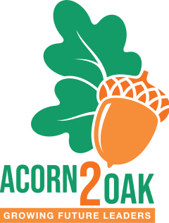 Illustration of an acorn and an oak leaf with the text 'ACORN 2 OAK' and the phrase 'GROWING FUTURE LEADERS'.