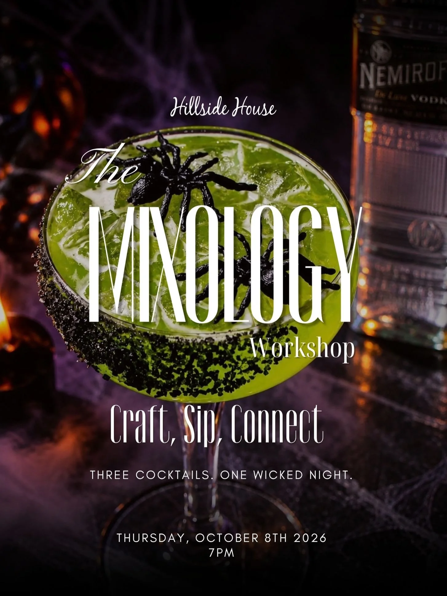 Something wicked is mixing at Hillside House on Thursday, October 8 at 7:00 p.m. 🕷️🍸

Join Lacey for a Halloween Mixology Workshop and learn to make three cocktails with a spooky twist. Bring a friend and make a night of it.

This month&rsquo;s fea