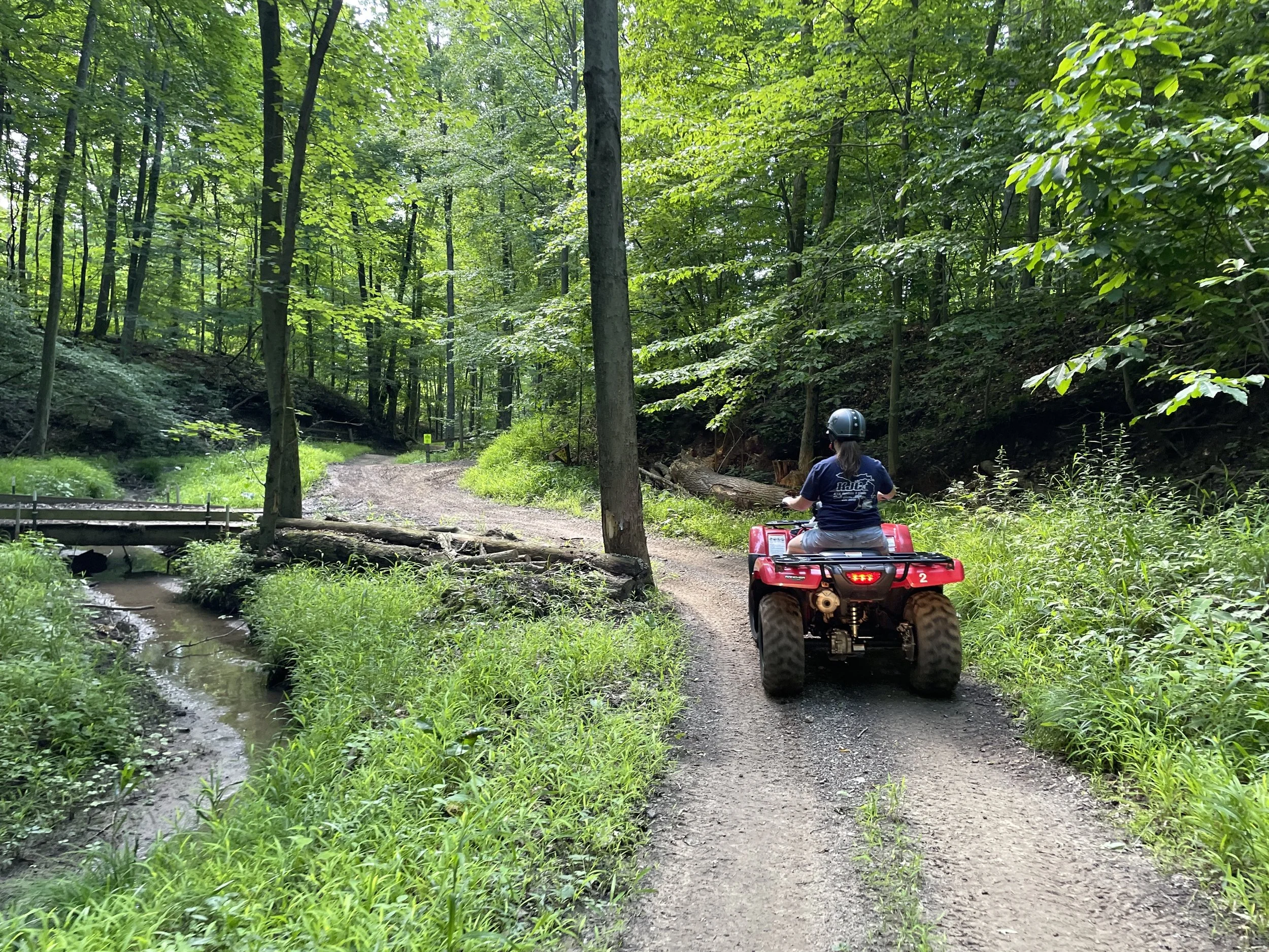 A person riding an all-terrain vehicle (ATV) along a dirt trail in a lush green forest.