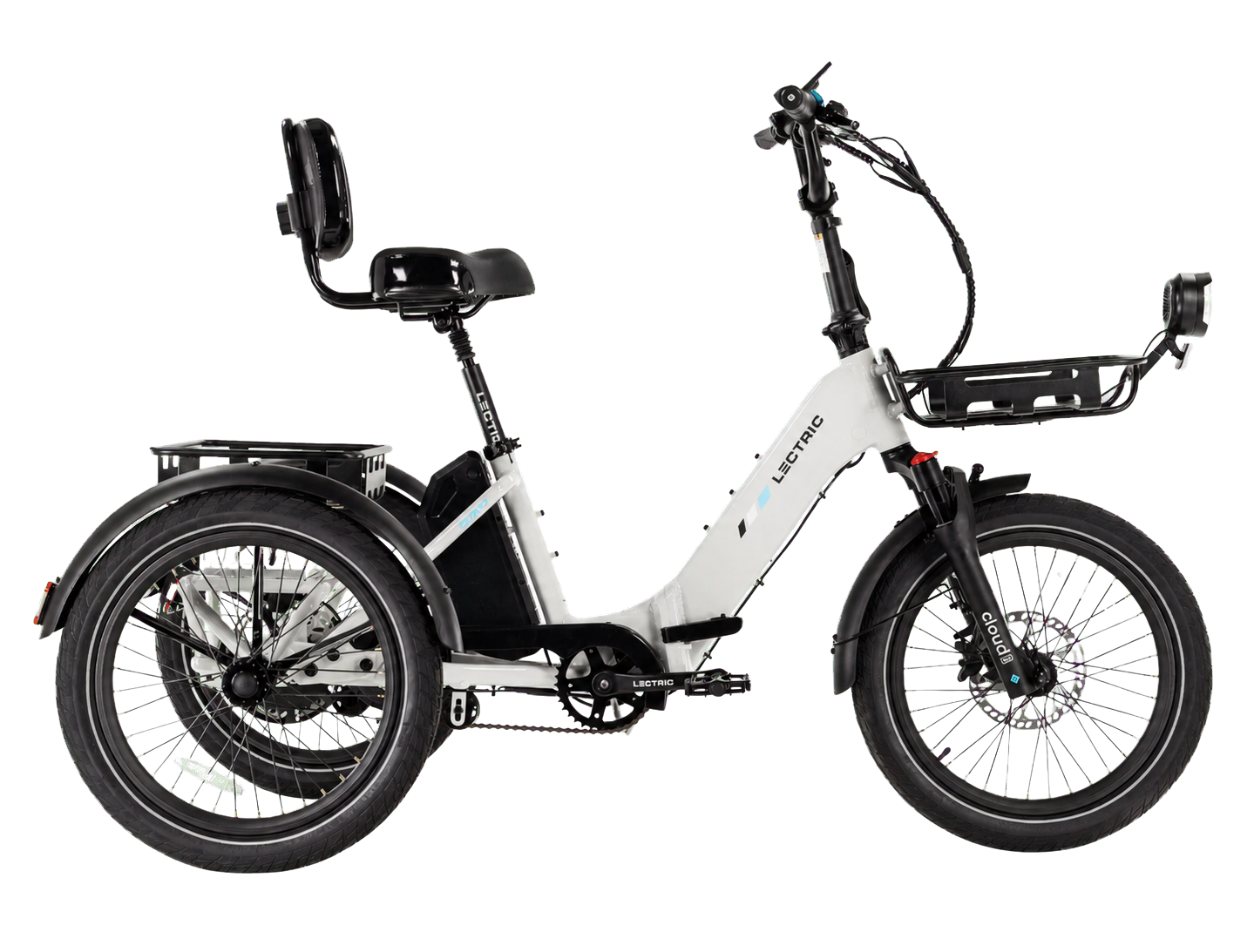 An electric tricycle with a sturdy frame, large tires, a front headlight, a rear cargo rack, and the brand name 'LECTrIC' on its frame.