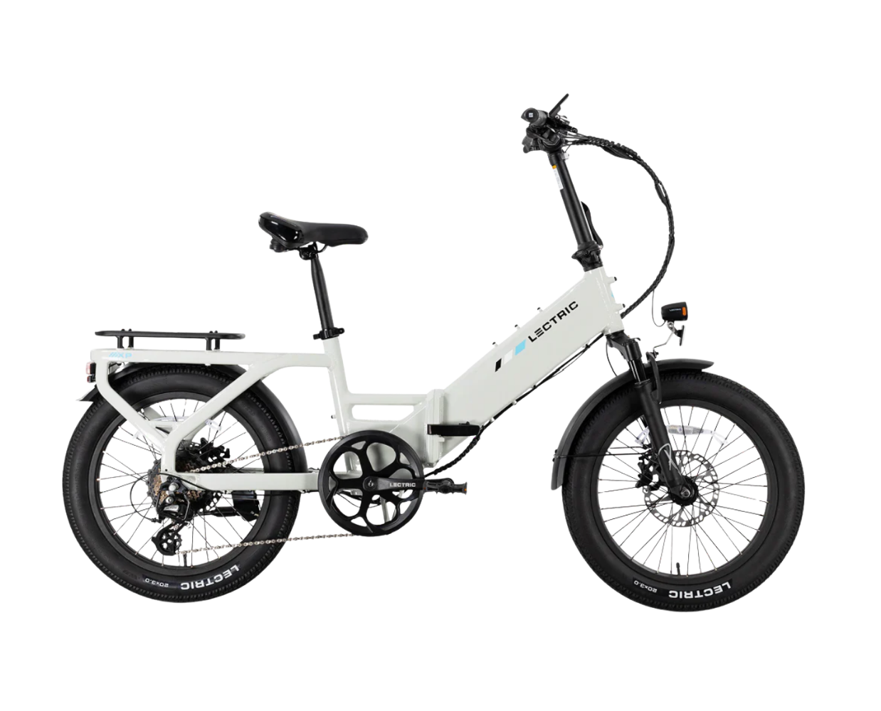 White electric bike with a rear rack, black tires, and a battery in the frame, against a plain white background.