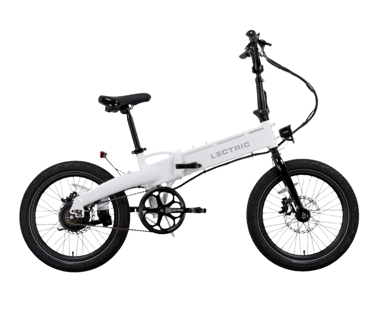 White electric bicycle with black wheels, seat, and handlebars, labeled "LECTRIC" on the frame.