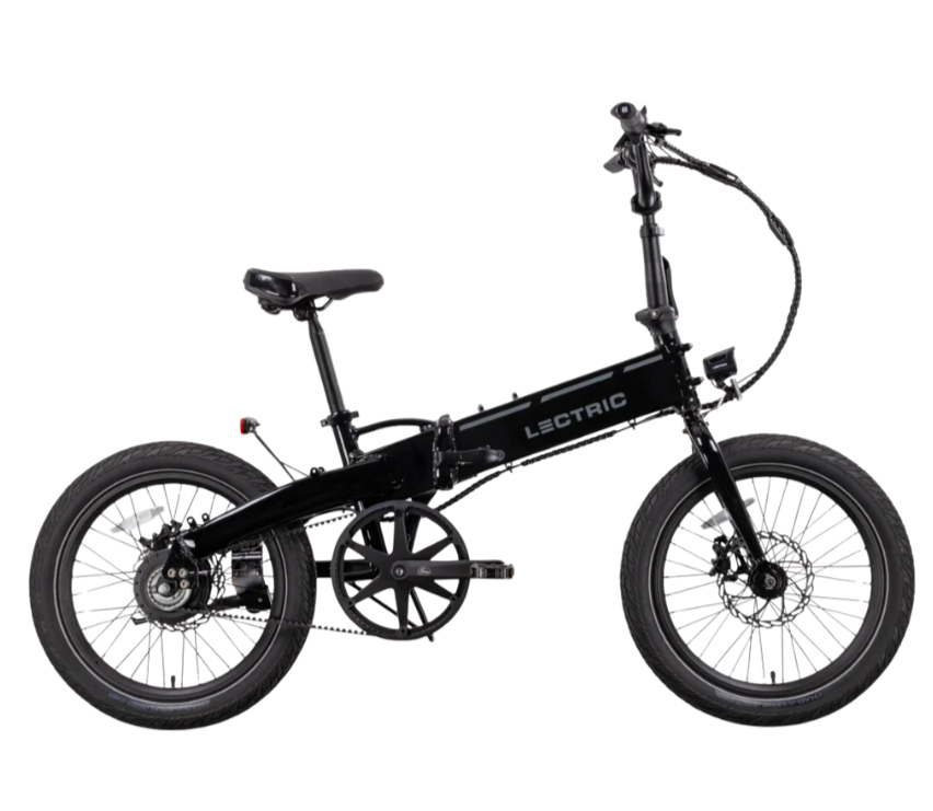 Black electric bicycle with the words 'LECTRIC' on the frame, two large tires, a seat, handlebars with gear controls, and disc brakes, with 'Gates Carbon Drive' branding below.