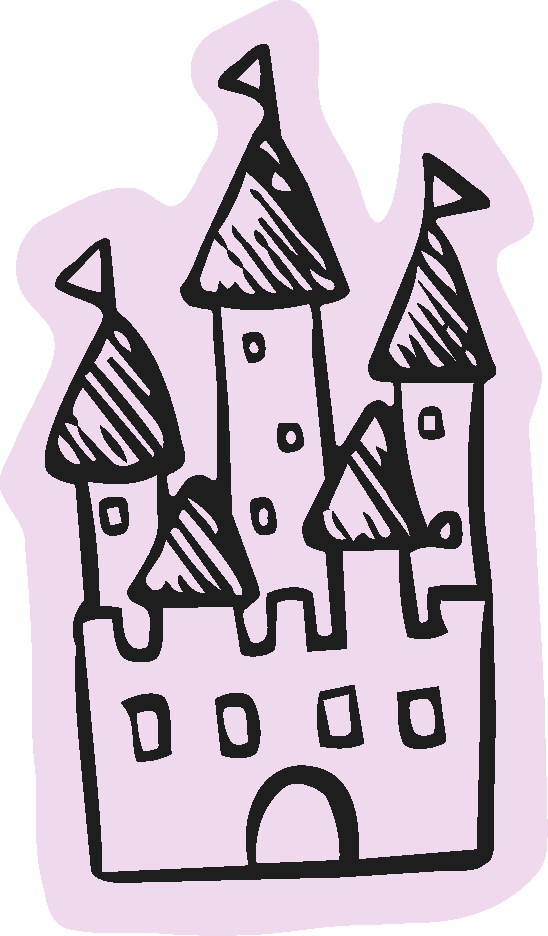 A simple, black and white drawing of a whimsical castle with four towers and flags on top, outlined in black with a light purple background.