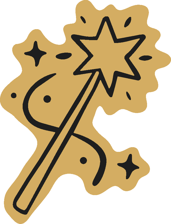 Line art illustration of a wizard's wand with a star at the tip, surrounded by sparkles, on a transparent background.