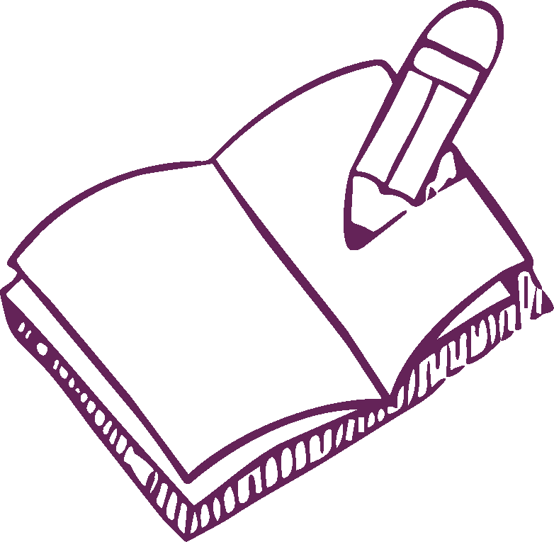 Line drawing of a hand holding a pen and writing in an open book.