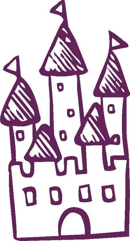 A simple, hand-drawn purple castle with four towers on a black background.