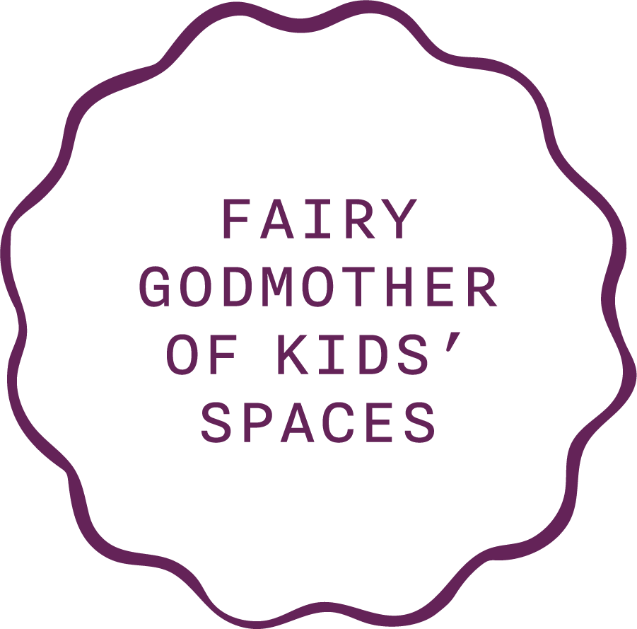 Text reading 'Fairy Godmother of Kids' Spaces' surrounded by a decorative purple border.