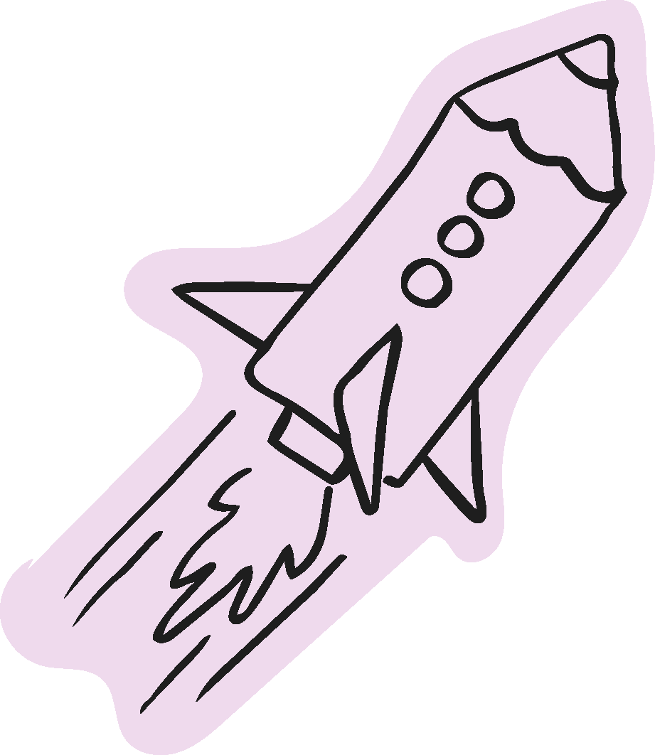 Drawing of a purple rocket launching with flames and smoke underneath.