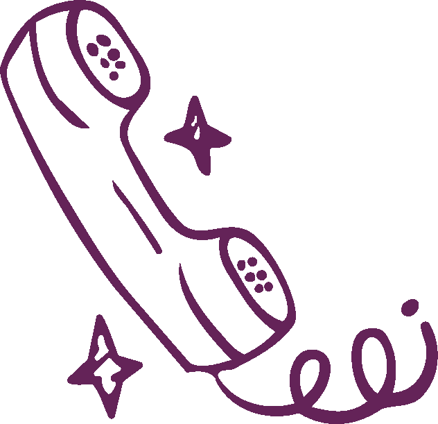 Line drawing of a vintage telephone handset surrounded by small stars, in purple on a black background.