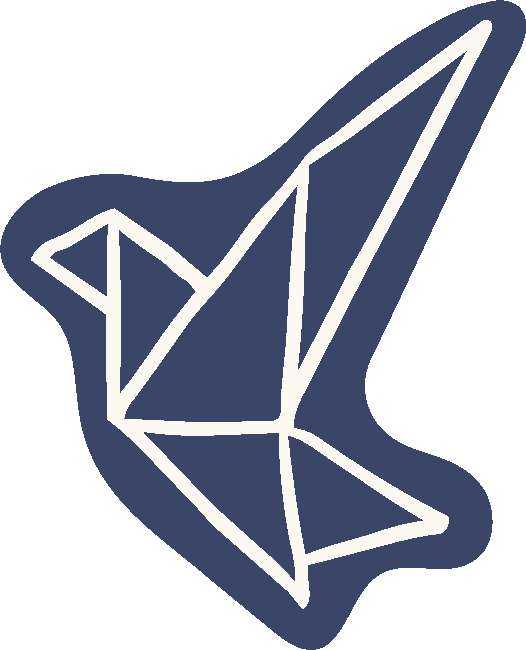 Stylized origami bird illustration with dark blue and white outlines.