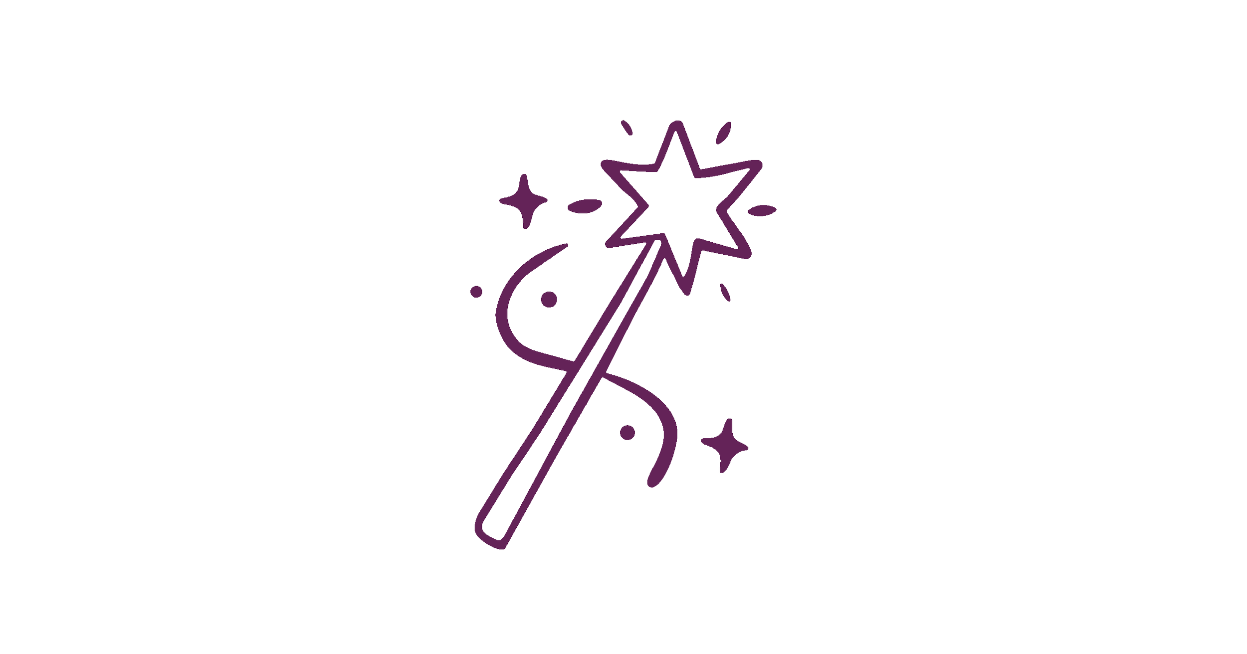 A dark purple outline of a magical wand with a star at the tip, surrounded by small stars and sparkles.