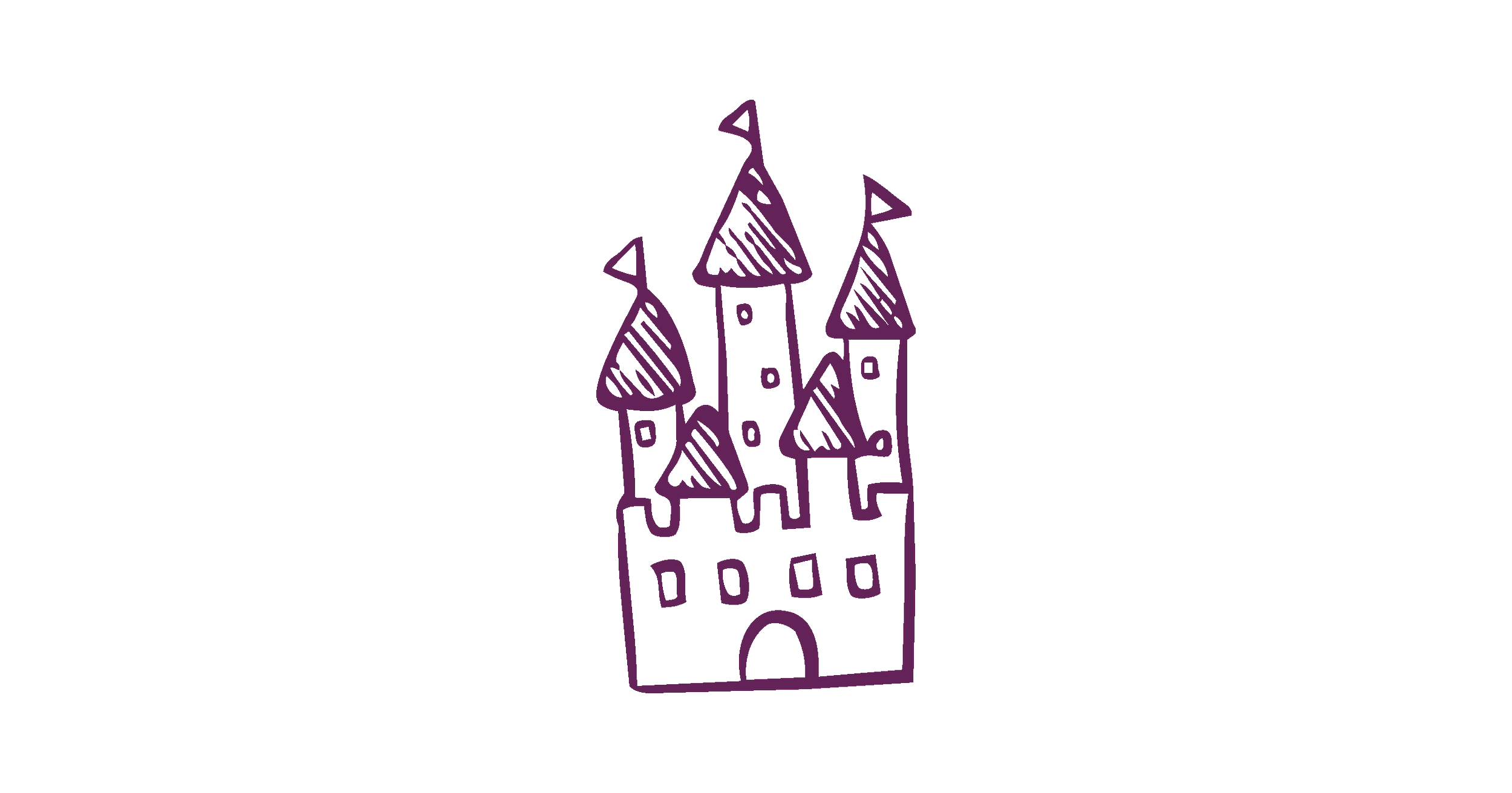 Outline drawing of a purple castle with multiple towers and windows on a black background.