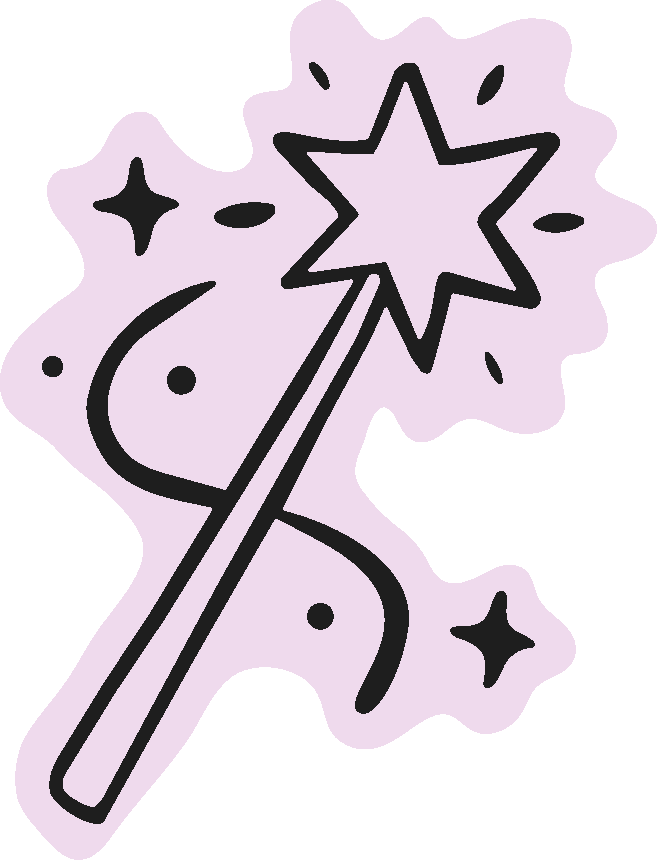 Cartoon magic wand with star at the tip, surrounded by sparkles and stars.