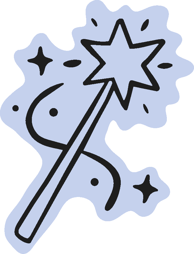A cartoon drawing of a magic wand with stars and sparkles around it.