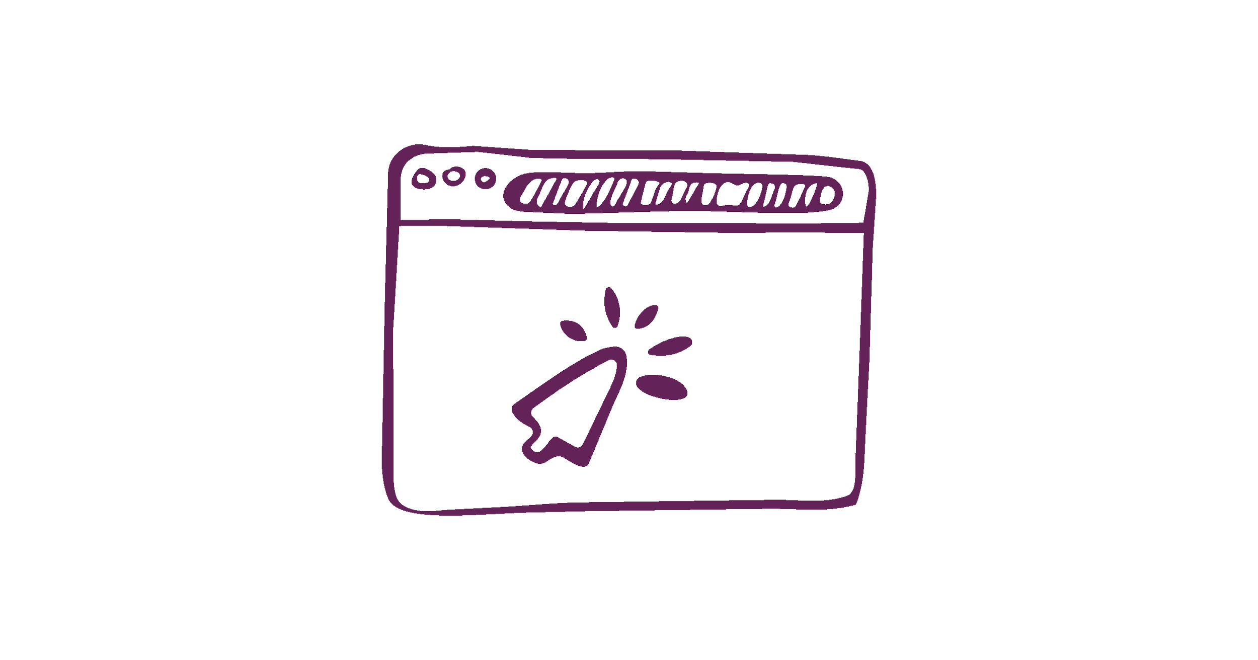 Purple sketch of a computer screen with a cursor clicking on something, indicating online interaction or clicking.
