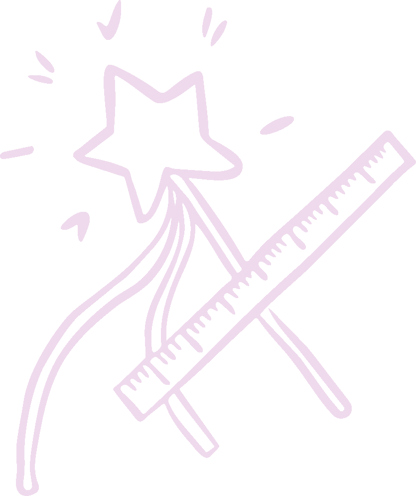Outline drawing of a star wand with a ruler crossed beneath it, with decorative lines and sparkles.