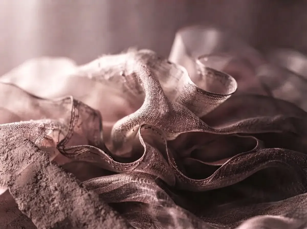 Close-up shot of a layered, raw feel fabric, creating a textured, flowing appearance and to symbolize the arrival of autumn season.