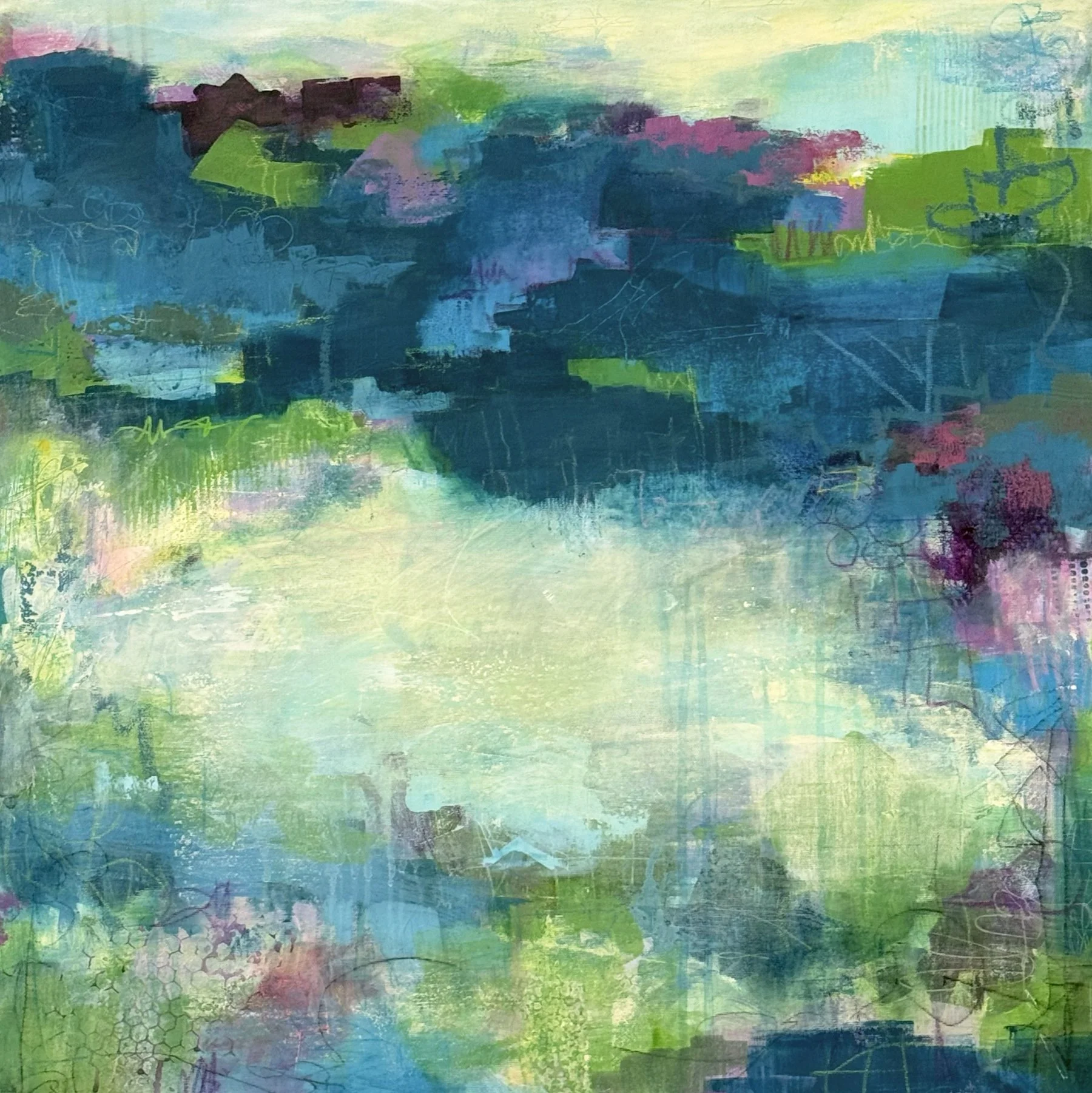 Whisper and Shout
24"x 24"x 1.5" canvas
Acrylic, ink, pastel