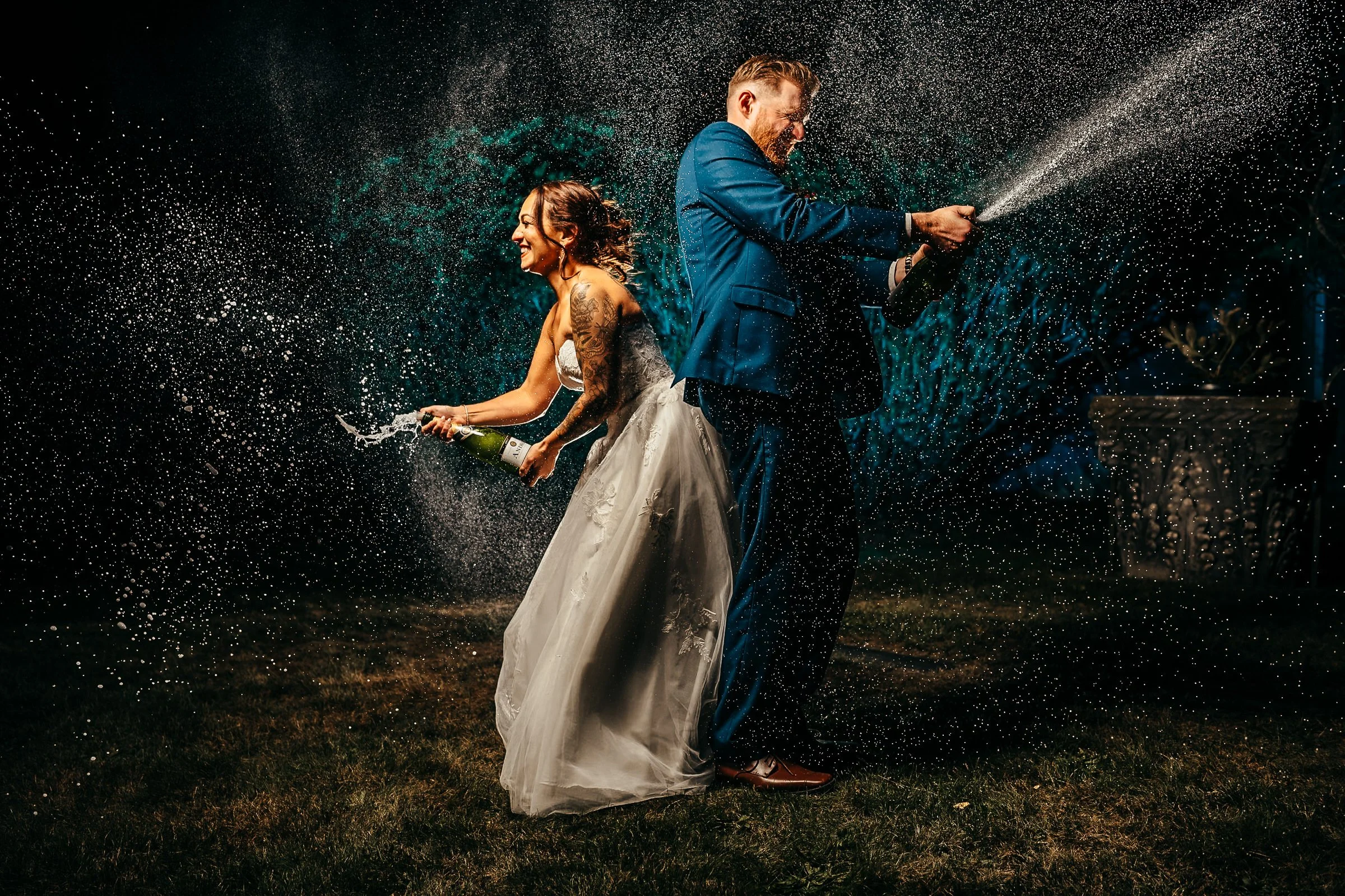 Nighttime champagne spray