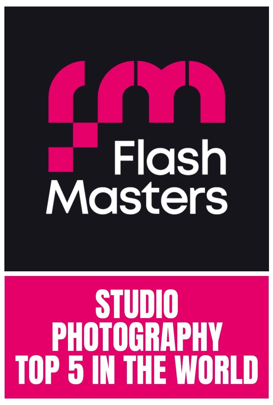 Logo for Flashmasters featuring the letters 'FM' in pink on a black background, with text below that reads 'Studio Photography Top 5 in the World' in white on a pink background.