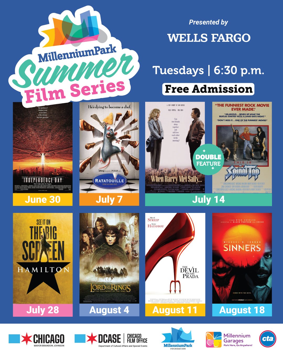 Poster for Millennium Park Summer Film Series featuring movies scheduled from June 30 to August 18, 2023, including Independence Day, Ratatouille, When Harry Mel Sally, This Is Spinal Tap, Hamilton, The Lord of the Rings, The Devil Wears Prada, and Sinners, with dates and free admission info.