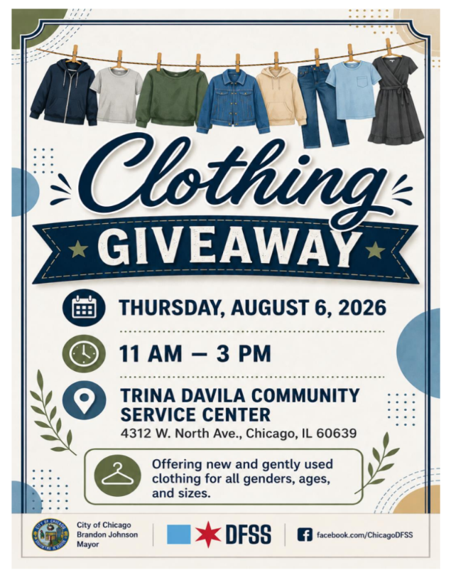 Flyer for a clothing giveaway event featuring hanging clothing items including jackets, t-shirts, and a dress. Event details include date, time, location, and purpose for gently used clothing donation.