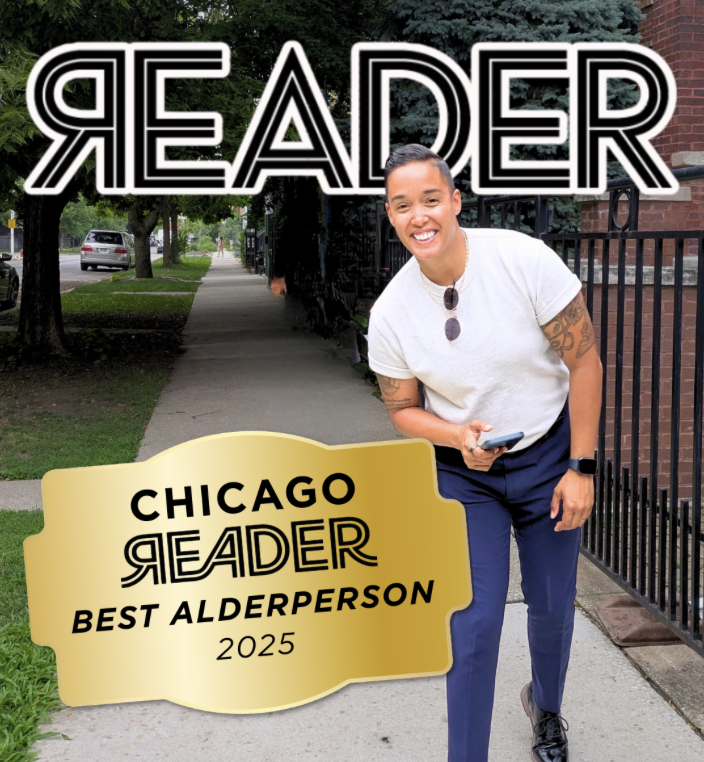 Chicago Reader recognition, a Belmont Cragin town hall reminder, and important community updates.