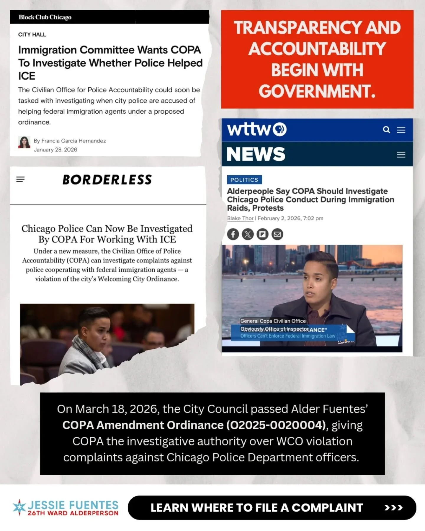 Since City Council passed my COPA Amendment Ordinance on March 18, 2026, my office has received a number of inquiries regarding how and where to file complaints regarding CPD violations of the Welcoming City Ordinance. I want you to have all of the i