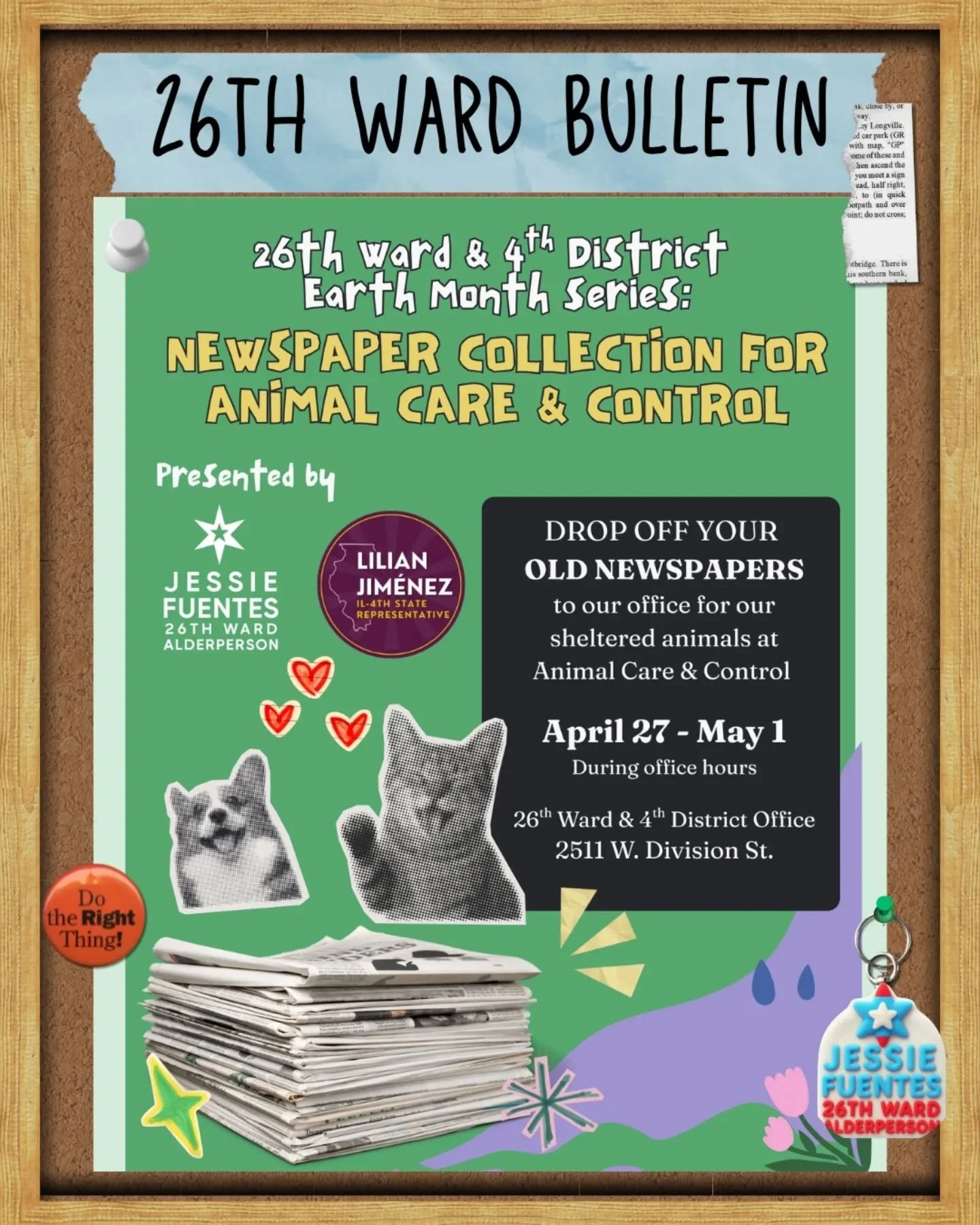 Our Community Board is JAM PACKED!

This week in the 26th Ward: newspaper donations for shelter animals, traffic amnesty, fighting flyer clutter in our neighborhoods, and a block crawl that celebrates our local businesses.
Swipe through and share wha