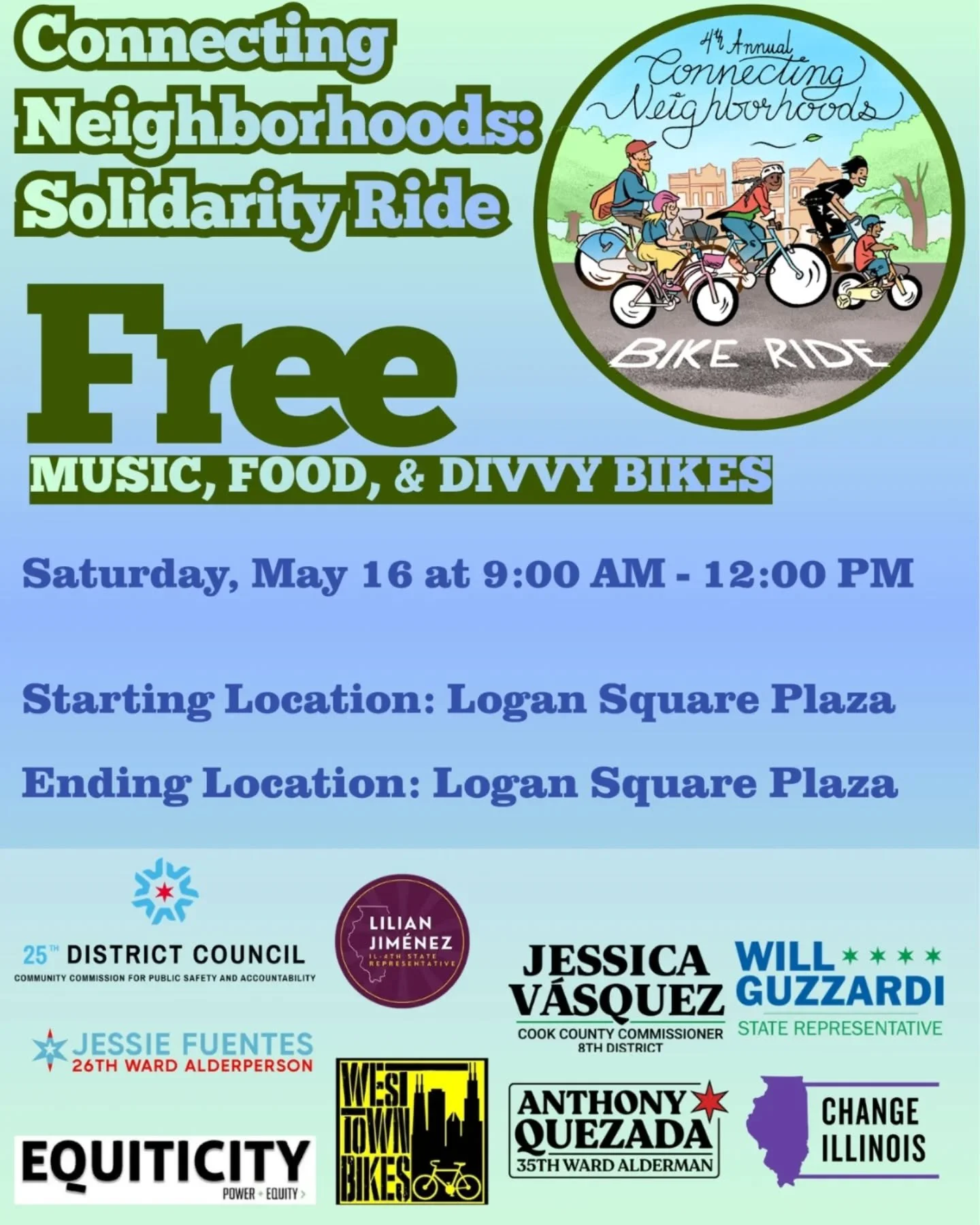 Chicago's bike lanes are built to connect us. 

On May 16, we're riding them together. 🚴
Join me for the 4th Annual Connecting Neighborhoods: Solidarity Ride. 

One route, three Northwest side neighborhoods: Hermosa, Belmont Cragin, and Logan Square
